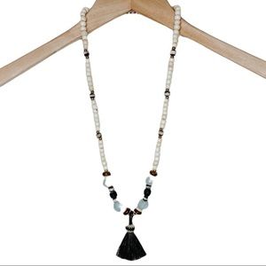 Jonesy Wood Blue and Brown Beaded Tassel Necklace